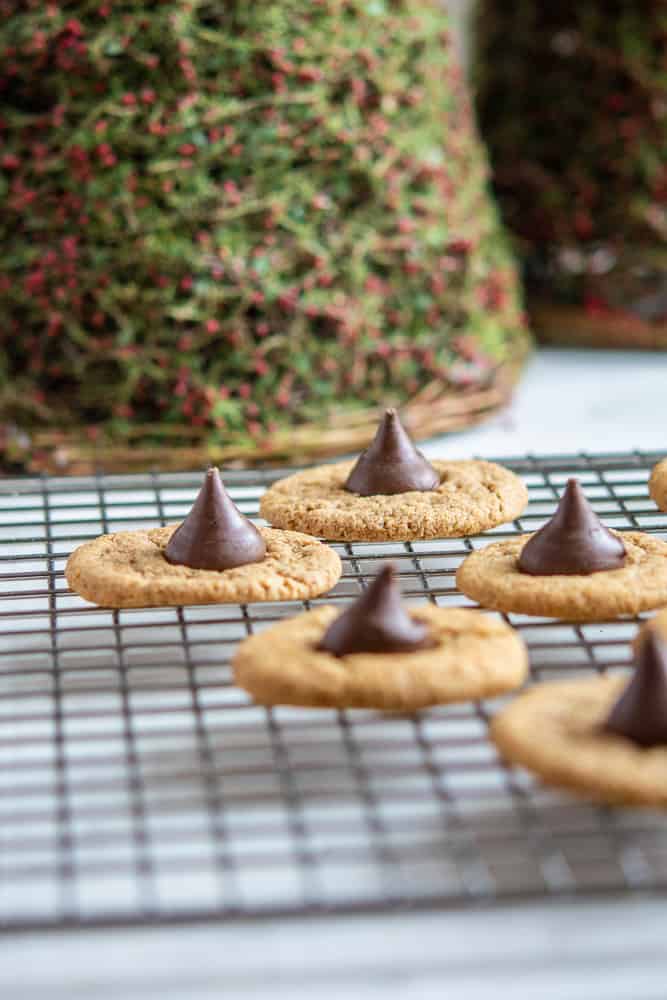 Almond Butter Bloosom Cookie photo on a baking rack with holiday decoration in background