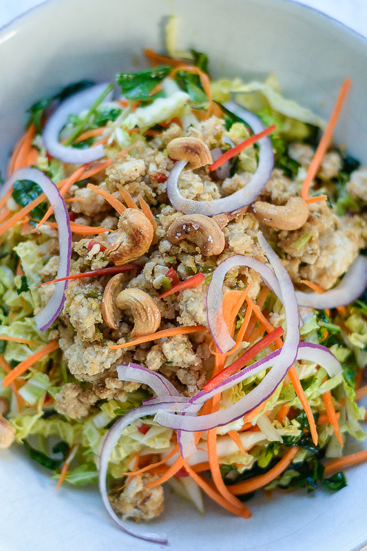 ovehead shot of Chicken Larb Napa Salad in a bowl with cashews