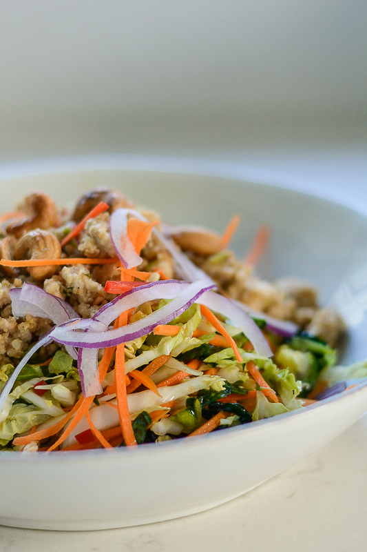 Chicken Larb Napa Salad in a bowl with red onions